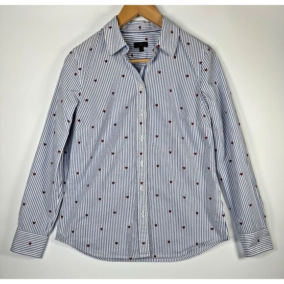 Talbots Womens XS Striped Button Down Shirt Red Heart Print Long Sleeve Cotton - Picture 1 of 12